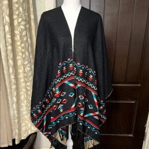 ONE WORLD  Reversible! Black Shawl with Vibrant Geometric Design